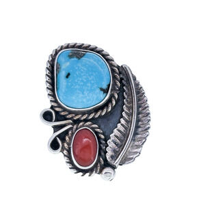 Estate Southwest Sterling Silver Turquoise Coral Feather Ring Size 5.25